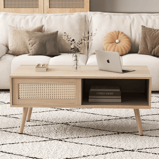 Mesa de centro em vime H40xL105xP55 cm - com portas de correr, pés em madeira maciça, estilo moderno - cor natural Mesa de centro em vime H40xL105xP55 cm - com portas de correr, pés em madeira maciça, estilo moderno - cor natural