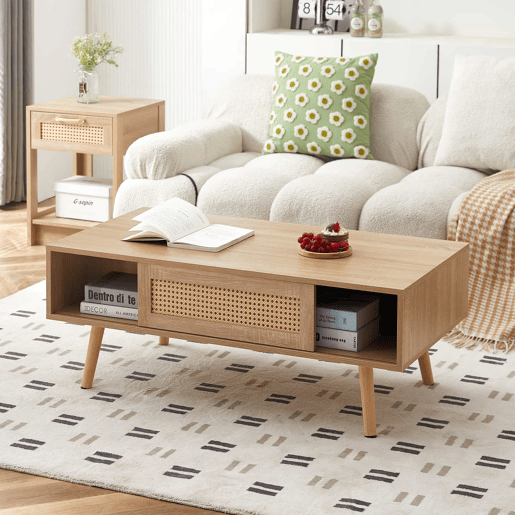 Mesa de centro em vime H40xL105xP55 cm - com portas de correr, pés em madeira maciça, estilo moderno - cor natural Mesa de centro em vime H40xL105xP55 cm - com portas de correr, pés em madeira maciça, estilo moderno - cor natural
