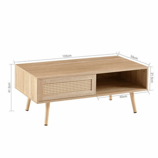 Mesa de centro em vime H40xL105xP55 cm - com portas de correr, pés em madeira maciça, estilo moderno - cor natural Mesa de centro em vime H40xL105xP55 cm - com portas de correr, pés em madeira maciça, estilo moderno - cor natural