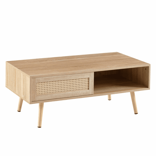 Mesa de centro em vime H40xL105xP55 cm - com portas de correr, pés em madeira maciça, estilo moderno - cor natural Mesa de centro em vime H40xL105xP55 cm - com portas de correr, pés em madeira maciça, estilo moderno - cor natural