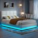 Cama tapizada LED con somier, almacenaje y acabado PU Cama tapizada LED con somier, almacenaje y acabado PU Blanco