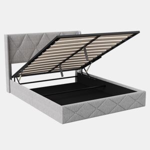 Cama de arrumação 140x200 com LED, cama estofada em veludo, cama de casal, cama de arrumação, estrutura de cama estofada, cama para adulto, cinzento