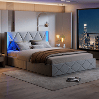 Cama de arrumação 140x200 com LED, cama estofada em veludo, cama de casal, cama de arrumação, estrutura de cama estofada, cama para adulto, cinzento