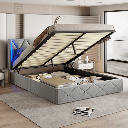 Cama de arrumação 140x200 com LED, cama estofada em veludo, cama de casal, cama de arrumação, estrutura de cama estofada, cama para adulto, cinzento
