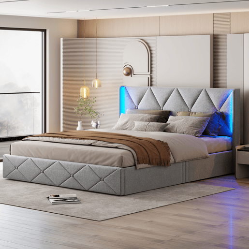Cama de arrumação 140x200 com LED, cama estofada em veludo, cama de casal, cama de arrumação, estrutura de cama estofada, cama para adulto, cinzento