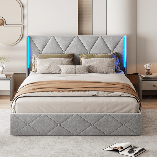 Cama de arrumação 140x200 com LED, cama estofada em veludo, cama de casal, cama de arrumação, estrutura de cama estofada, cama para adulto, cinzento