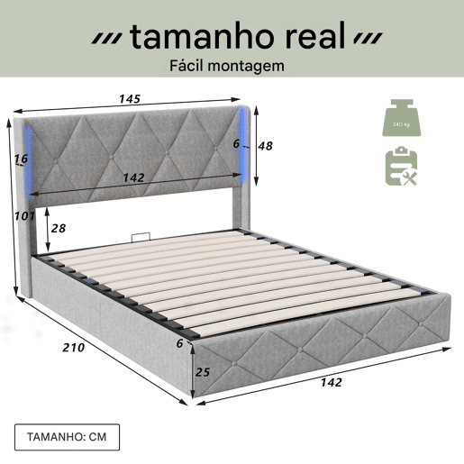 Cama de arrumação 140x200 com LED, cama estofada em veludo, cama de casal, cama de arrumação, estrutura de cama estofada, cama para adulto, cinzento