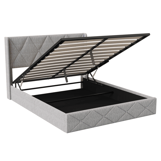 Cama de arrumação 140x200 com LED, cama estofada em veludo, cama de casal, cama de arrumação, estrutura de cama estofada, cama para adulto, cinzento