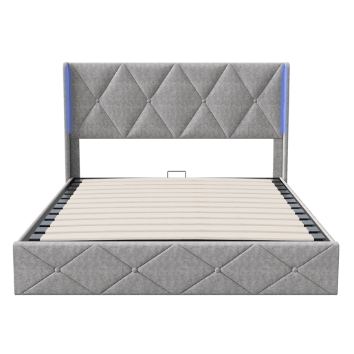 Cama de arrumação 140x200 com LED, cama estofada em veludo, cama de casal, cama de arrumação, estrutura de cama estofada, cama para adulto, cinzento