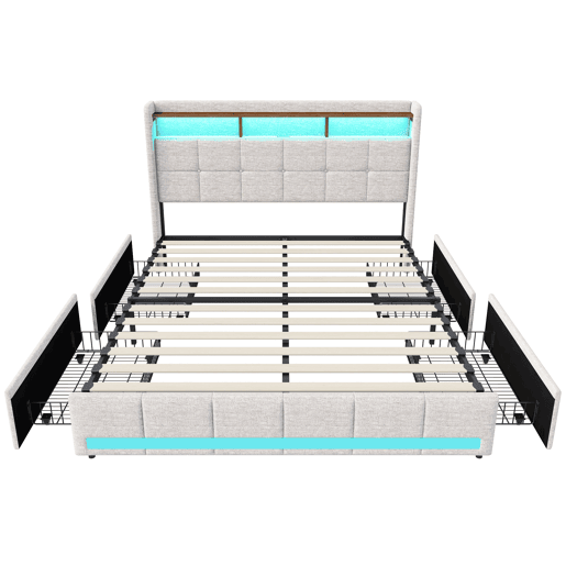 Cama estofada em linho bege com 140x200cm, com entrada USB, estrutura de ripas, 4 gavetas, iluminação LED, adequada como cama de casal ou jovem Cama estofada em linho bege com 140x200cm, com entrada USB, estrutura de ripas, 4 gavetas, iluminação LED, adequada como cama de casal ou jovem