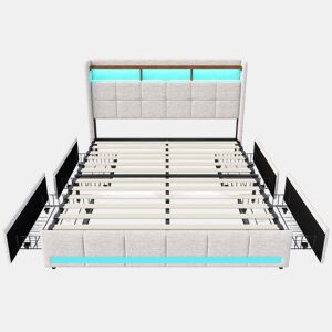 Cama estofada em linho bege com 140x200cm, com entrada USB, estrutura de ripas, 4 gavetas, iluminação LED, adequada como cama de casal ou jovem