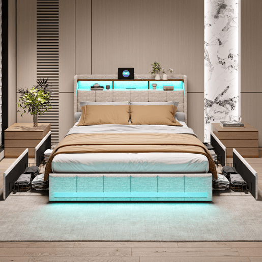 Cama estofada em linho bege com 140x200cm, com entrada USB, estrutura de ripas, 4 gavetas, iluminação LED, adequada como cama de casal ou jovem Cama estofada em linho bege com 140x200cm, com entrada USB, estrutura de ripas, 4 gavetas, iluminação LED, adequada como cama de casal ou jovem