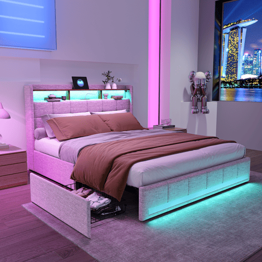 Cama estofada em linho bege com 140x200cm, com entrada USB, estrutura de ripas, 4 gavetas, iluminação LED, adequada como cama de casal ou jovem Cama estofada em linho bege com 140x200cm, com entrada USB, estrutura de ripas, 4 gavetas, iluminação LED, adequada como cama de casal ou jovem