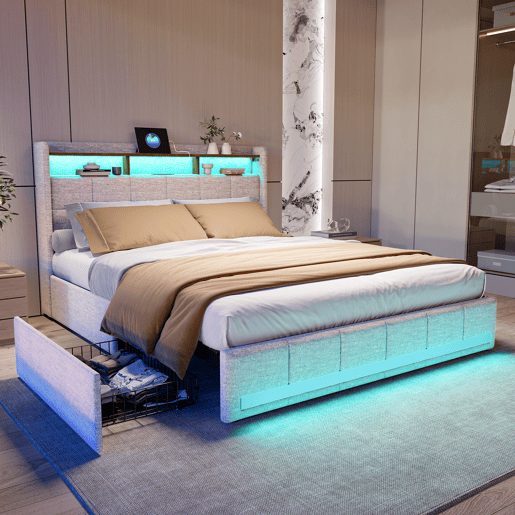Cama estofada em linho bege com 140x200cm, com entrada USB, estrutura de ripas, 4 gavetas, iluminação LED, adequada como cama de casal ou jovem Cama estofada em linho bege com 140x200cm, com entrada USB, estrutura de ripas, 4 gavetas, iluminação LED, adequada como cama de casal ou jovem