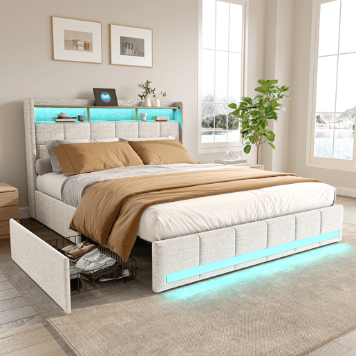Cama estofada em linho bege com 140x200cm, com entrada USB, estrutura de ripas, 4 gavetas, iluminação LED, adequada como cama de casal ou jovem Cama estofada em linho bege com 140x200cm, com entrada USB, estrutura de ripas, 4 gavetas, iluminação LED, adequada como cama de casal ou jovem