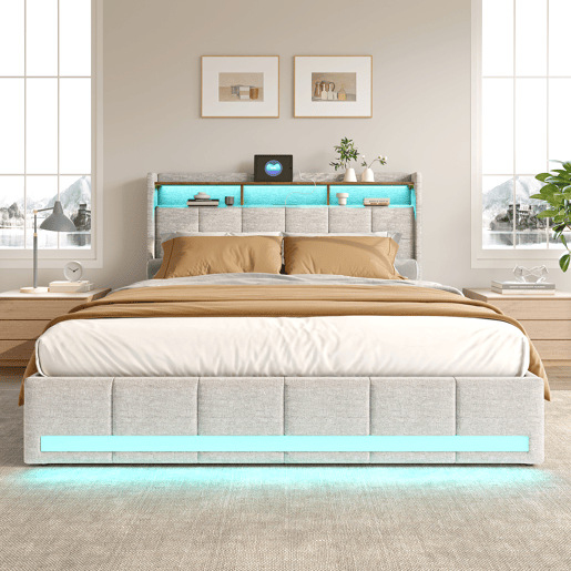 Cama estofada em linho bege com 140x200cm, com entrada USB, estrutura de ripas, 4 gavetas, iluminação LED, adequada como cama de casal ou jovem Cama estofada em linho bege com 140x200cm, com entrada USB, estrutura de ripas, 4 gavetas, iluminação LED, adequada como cama de casal ou jovem
