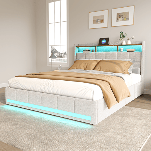 Cama estofada em linho bege com 140x200cm, com entrada USB, estrutura de ripas, 4 gavetas, iluminação LED, adequada como cama de casal ou jovem Cama estofada em linho bege com 140x200cm, com entrada USB, estrutura de ripas, 4 gavetas, iluminação LED, adequada como cama de casal ou jovem