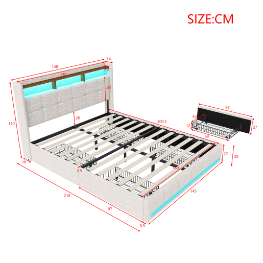 Cama estofada em linho bege com 140x200cm, com entrada USB, estrutura de ripas, 4 gavetas, iluminação LED, adequada como cama de casal ou jovem Cama estofada em linho bege com 140x200cm, com entrada USB, estrutura de ripas, 4 gavetas, iluminação LED, adequada como cama de casal ou jovem