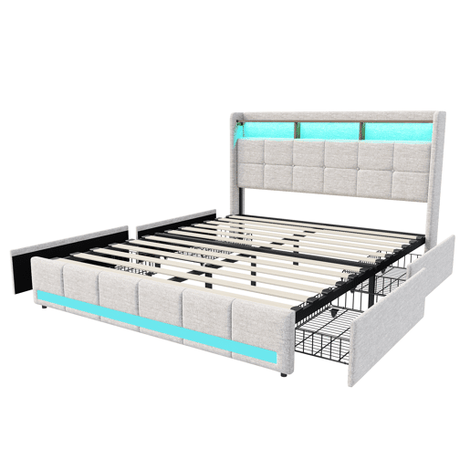 Cama estofada em linho bege com 140x200cm, com entrada USB, estrutura de ripas, 4 gavetas, iluminação LED, adequada como cama de casal ou jovem Cama estofada em linho bege com 140x200cm, com entrada USB, estrutura de ripas, 4 gavetas, iluminação LED, adequada como cama de casal ou jovem