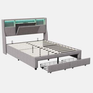 Cama de casal estofada 140x200 cm com iluminação LED, cama com gavetas e compartimentos para roupa de cama.