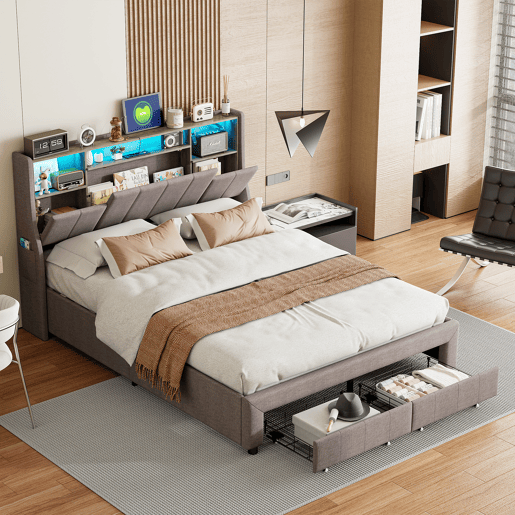 Cama de casal estofada 140x200 cm com iluminação LED, cama com gavetas e compartimentos para roupa de cama. Cama de casal estofada 140x200 cm com iluminação LED, cama com gavetas e compartimentos para roupa de cama.