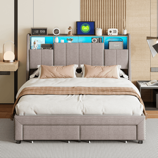 Cama de casal estofada 140x200 cm com iluminação LED, cama com gavetas e compartimentos para roupa de cama. Cama de casal estofada 140x200 cm com iluminação LED, cama com gavetas e compartimentos para roupa de cama.