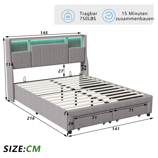 Cama de casal estofada 140x200 cm com iluminação LED, cama com gavetas e compartimentos para roupa de cama. Cama de casal estofada 140x200 cm com iluminação LED, cama com gavetas e compartimentos para roupa de cama.