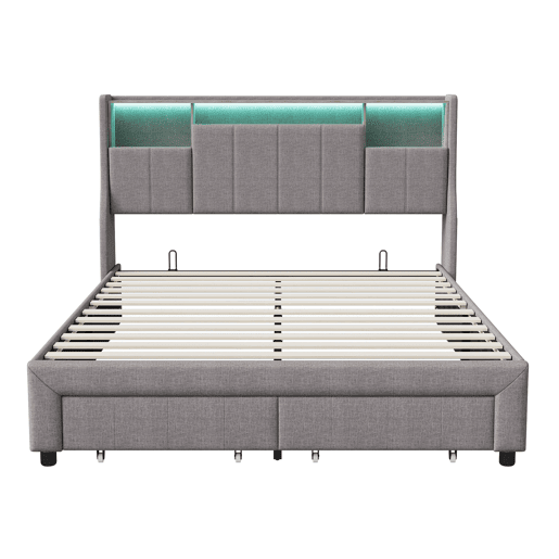 Cama de casal estofada 140x200 cm com iluminação LED, cama com gavetas e compartimentos para roupa de cama. Cama de casal estofada 140x200 cm com iluminação LED, cama com gavetas e compartimentos para roupa de cama.