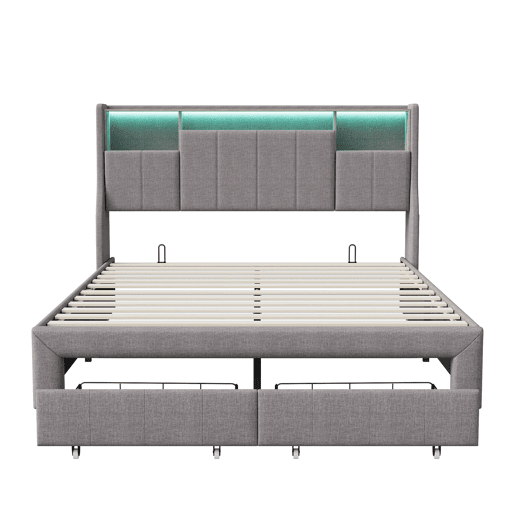 Cama de casal estofada 140x200 cm com iluminação LED, cama com gavetas e compartimentos para roupa de cama. Cama de casal estofada 140x200 cm com iluminação LED, cama com gavetas e compartimentos para roupa de cama.