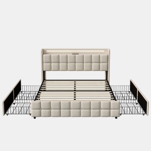 Cama estofada com função de carregamento USB e cabeceira LED e 4 gavetas, cama de casal 140x190cm camas de arrumação estrutura de cama jovem, estrutura de ripas de madeira, sem colchão, bege