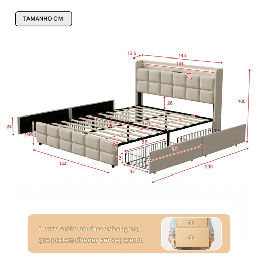 Cama estofada com função de carregamento USB e cabeceira LED e 4 gavetas, cama de casal 140x190cm camas de arrumação estrutura de cama jovem, estrutura de ripas de madeira, sem colchão, bege Cama estofada com função de carregamento USB e cabeceira LED e 4 gavetas, cama de casal 140x190cm camas de arrumação estrutura de cama jovem, estrutura de ripas de madeira, sem colchão, bege