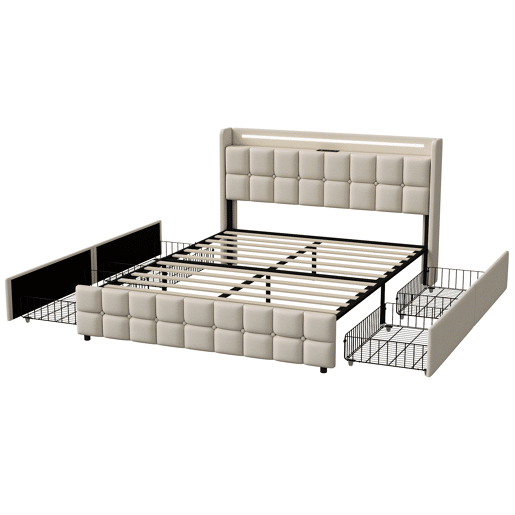 Cama estofada com função de carregamento USB e cabeceira LED e 4 gavetas, cama de casal 140x190cm camas de arrumação estrutura de cama jovem, estrutura de ripas de madeira, sem colchão, bege