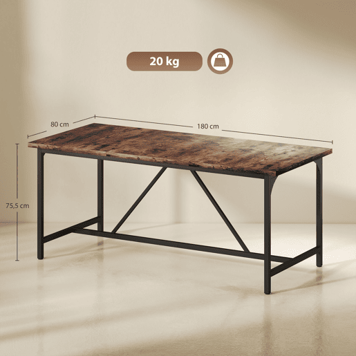 Mesa de jantar retangular para 6 a 8 pessoas, estilo industrial com pés de metal, 180 x 80 x 75,5 cm, marrom rústico
