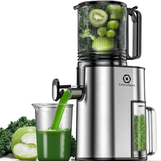 CelerySpec SJ-048-EU-SS Espremedor de sumor lento - 250W Moc 1.8L Grande capacidade Duas aberturas alimentação de 130 mm e 45 mm Tela removível - Prata