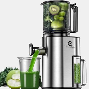 CelerySpec SJ-048-EU-SS Espremedor de sumor lento - 250W Moc 1.8L Grande capacidade Duas aberturas alimentação de 130 mm e 45 mm Tela removível - Prata