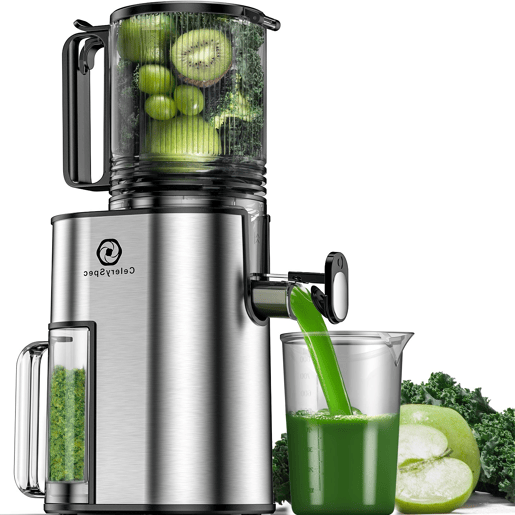 CelerySpec SJ-048-EU-SS Espremedor de sumor lento - 250W Moc 1.8L Grande capacidade Duas aberturas alimentação de 130 mm e 45 mm Tela removível - Prata