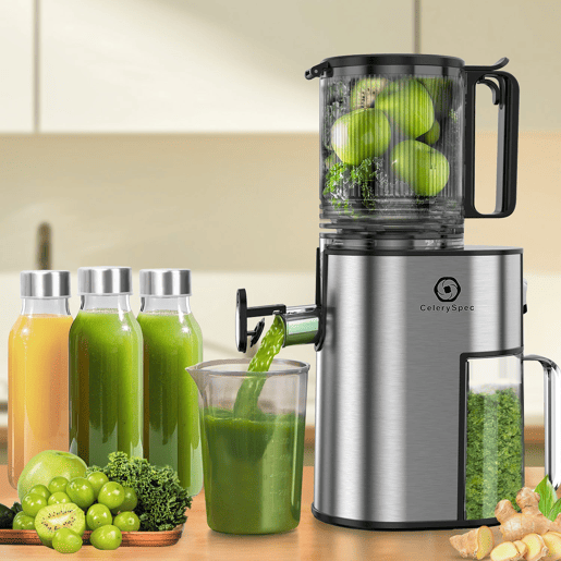 CelerySpec SJ-048-EU-SS Espremedor de sumor lento - 250W Moc 1.8L Grande capacidade Duas aberturas alimentação de 130 mm e 45 mm Tela removível - Prata