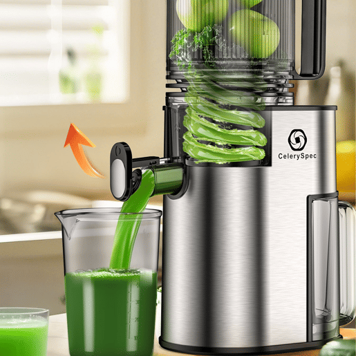 CelerySpec SJ-048-EU-SS Espremedor de sumor lento - 250W Moc 1.8L Grande capacidade Duas aberturas alimentação de 130 mm e 45 mm Tela removível - Prata