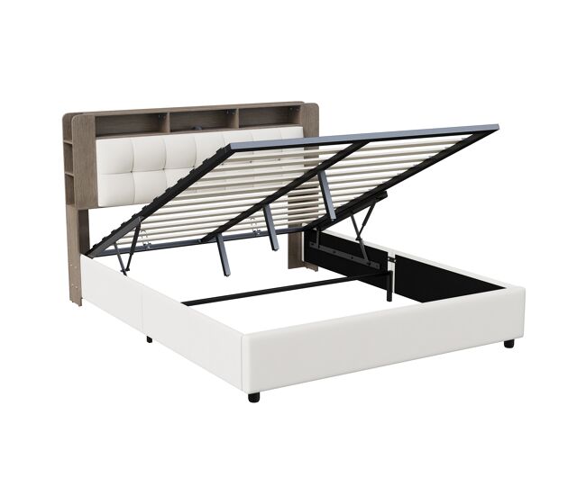 Cama tapizada (140x200 cm) con somier de láminas, somier hidráulico con espacio de almacenaje, cama doble con cabecero con almacenaje y led, funda de