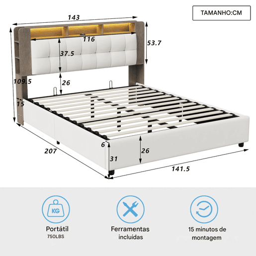 Cama estofada (140x200 cm) com estrado de ripas, estrutura hidráulica com compartimento de arrumação, cama de casal com cabeceira com compartimento de arrumação e LED, capa em veludo, bege e branco Cama estofada (140x200 cm) com estrado de ripas, estrutura hidráulica com compartimento de arrumação, cama de casal com cabeceira com compartimento de arrumação e LED, capa em veludo, bege e branco