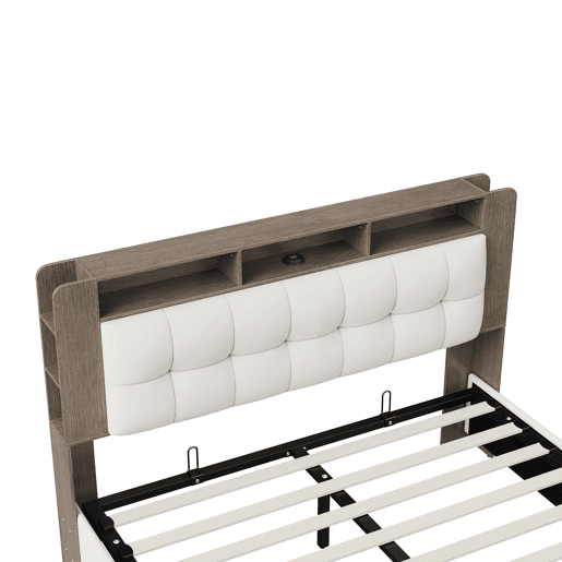 Cama estofada (140x200 cm) com estrado de ripas, estrutura hidráulica com compartimento de arrumação, cama de casal com cabeceira com compartimento de arrumação e LED, capa em veludo, bege e branco Cama estofada (140x200 cm) com estrado de ripas, estrutura hidráulica com compartimento de arrumação, cama de casal com cabeceira com compartimento de arrumação e LED, capa em veludo, bege e branco