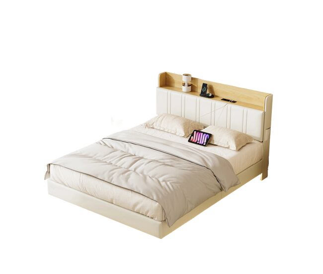 Cama doble de diseño suspendida con almacenaje, luces LED multicolor y puertos USB – 140x190 cm – Cuero sintético blanco y roble claro