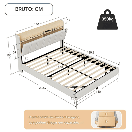 Cama de casal suspensa de design exclusivo com arrumação, luzes LED multicoloridas e portas USB u2013 140x190 cm u2013 Couro sintético branco e carvalho claro Cama de casal suspensa de design exclusivo com arrumação, luzes LED multicoloridas e portas USB u2013 140x190 cm u2013 Couro sintético branco e carvalho claro