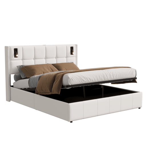 Cama estofada (140x200cm), estrado de ripas, estrutura hidráulica com luz de leitura, cama de casal com box, capa em veludo bege Cama estofada (140x200cm), estrado de ripas, estrutura hidráulica com luz de leitura, cama de casal com box, capa em veludo bege