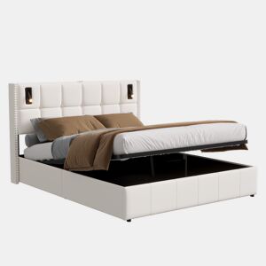Cama estofada (140x200cm), estrado de ripas, estrutura hidráulica com luz de leitura, cama de casal com box, capa em veludo bege