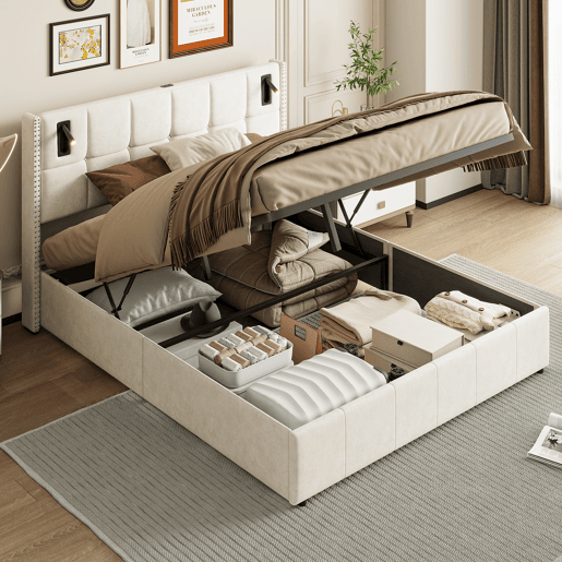 Cama estofada (140x200cm), estrado de ripas, estrutura hidráulica com luz de leitura, cama de casal com box, capa em veludo bege Cama estofada (140x200cm), estrado de ripas, estrutura hidráulica com luz de leitura, cama de casal com box, capa em veludo bege