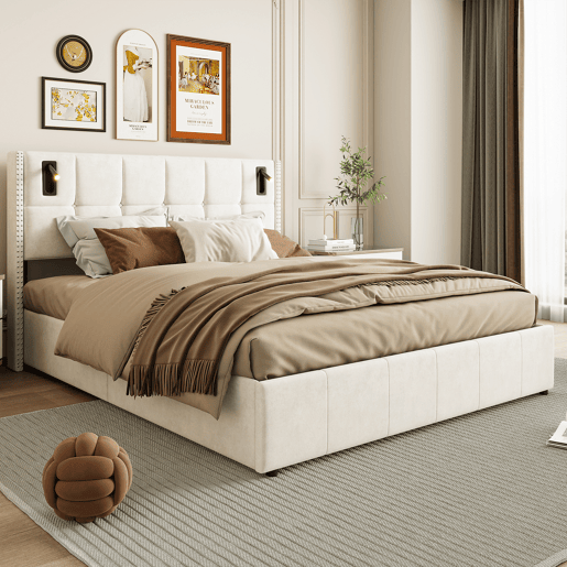 Cama estofada (140x200cm), estrado de ripas, estrutura hidráulica com luz de leitura, cama de casal com box, capa em veludo bege Cama estofada (140x200cm), estrado de ripas, estrutura hidráulica com luz de leitura, cama de casal com box, capa em veludo bege