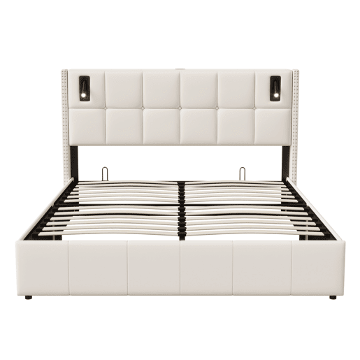 Cama estofada (140x200cm), estrado de ripas, estrutura hidráulica com luz de leitura, cama de casal com box, capa em veludo bege Cama estofada (140x200cm), estrado de ripas, estrutura hidráulica com luz de leitura, cama de casal com box, capa em veludo bege