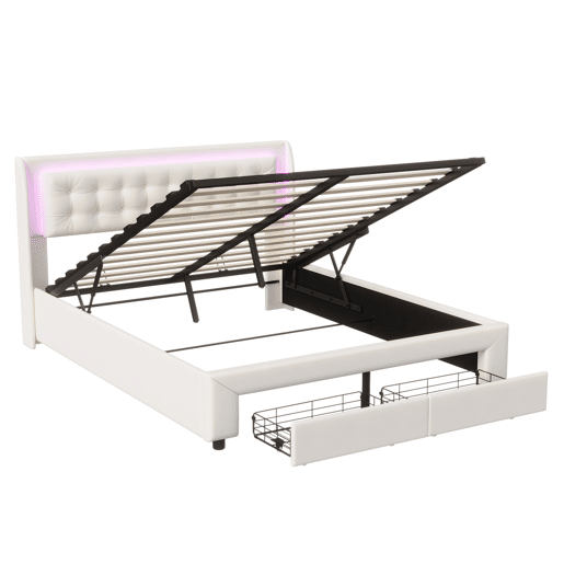 Cama estofada 140x190 cm com vigas Decoração, gavetas, faixas de luz, porta de carregamento USB, bolsa de armazenamento, bege, com carregador europeu Cama estofada 140x190 cm com vigas Decoração, gavetas, faixas de luz, porta de carregamento USB, bolsa de armazenamento, bege, com carregador europeu