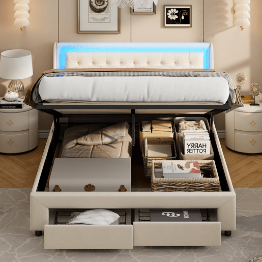 Cama estofada 140x190 cm com vigas Decoração, gavetas, faixas de luz, porta de carregamento USB, bolsa de armazenamento, bege, com carregador europeu Cama estofada 140x190 cm com vigas Decoração, gavetas, faixas de luz, porta de carregamento USB, bolsa de armazenamento, bege, com carregador europeu